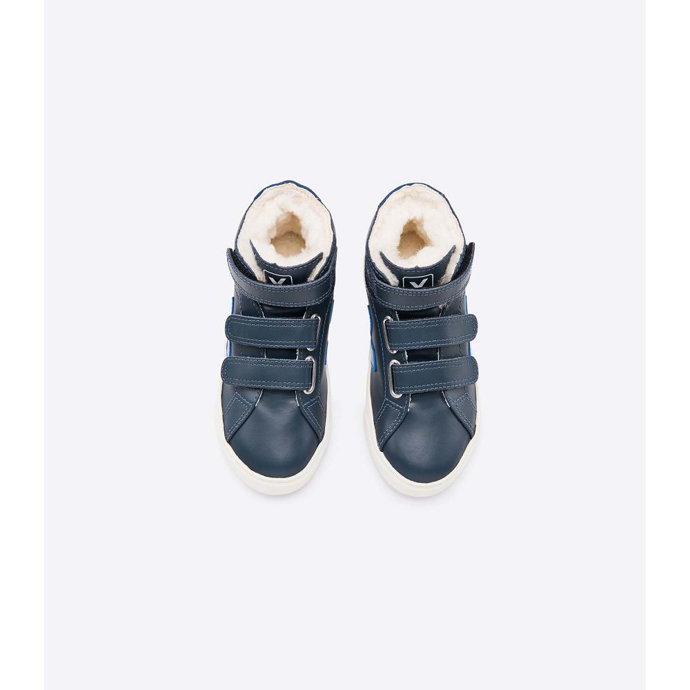 Veja ESPLAR MID FURED LEATHER Kids' High Tops Blue/Navy | NZ 691BEX